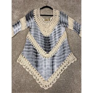 Jessica‎ Taylor Tie Dye Crochet Fringe BOHO Handkerchief Tunic Top OS Festival